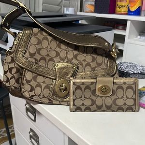 Coach leather gold bag large shoulder bag